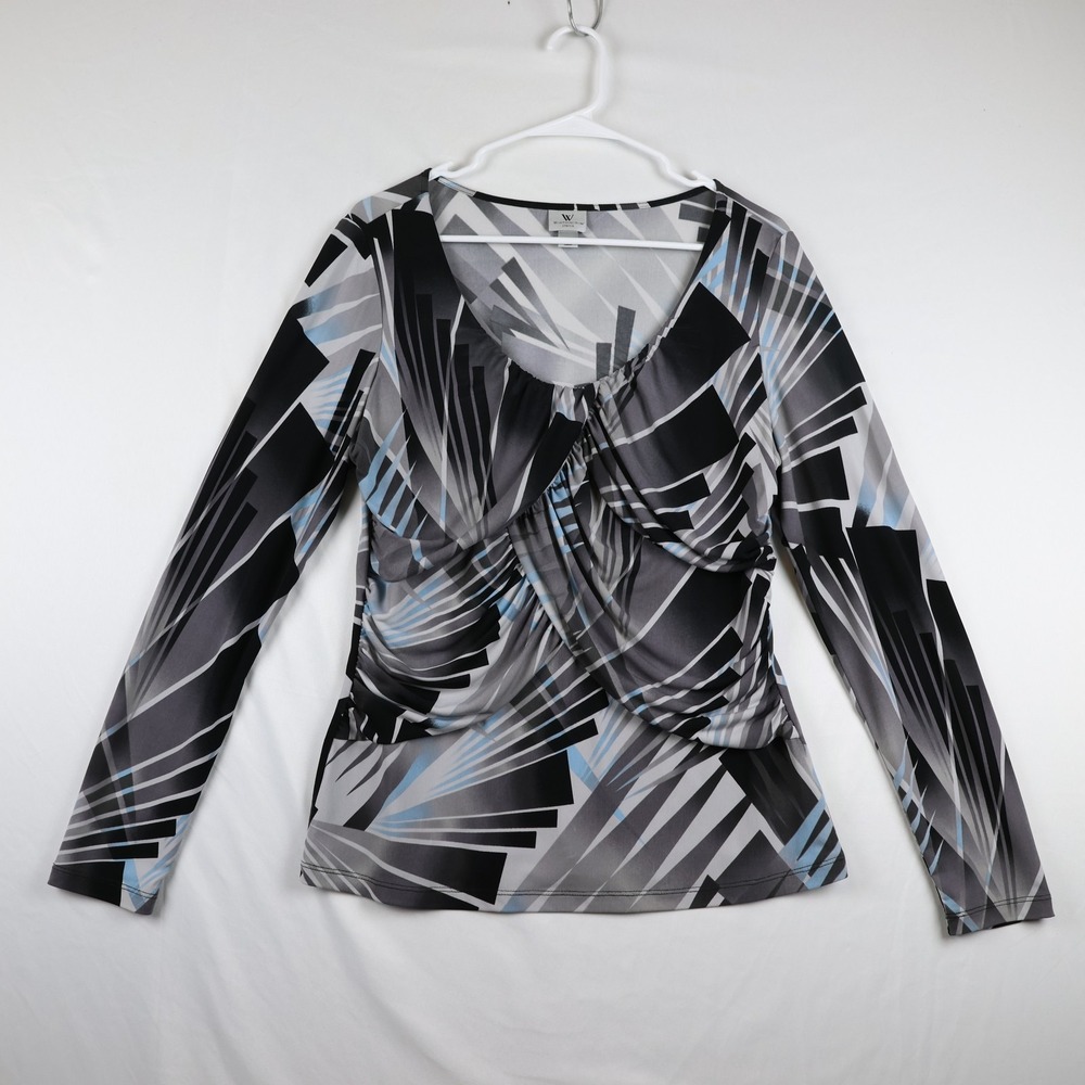 Worthington Womens Large Geometric Print Stretch Long Sleeve Top Black Gray Blue
